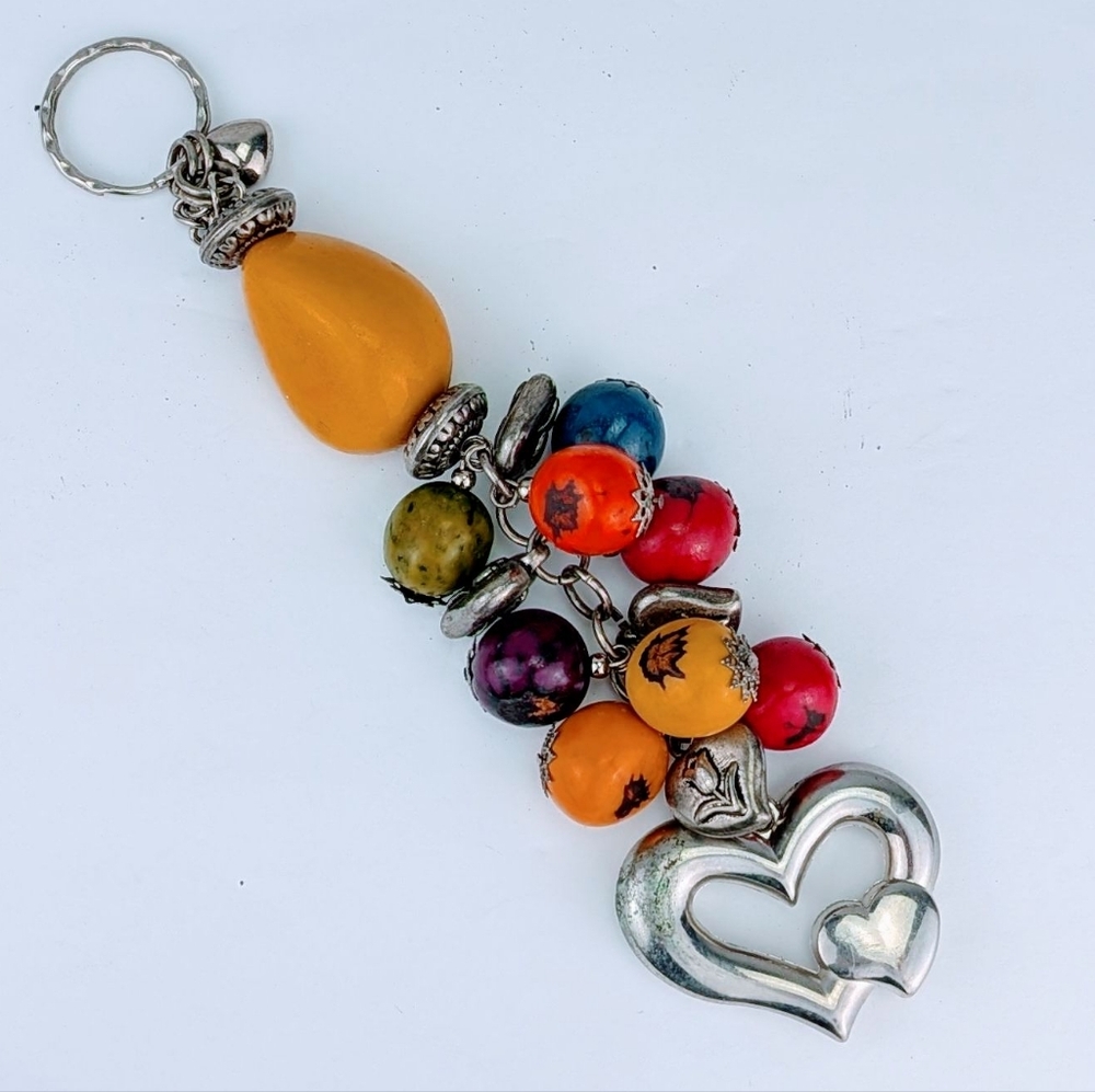Large Colorful Cluster Beaded Silvertone Hearts Charm Keychain